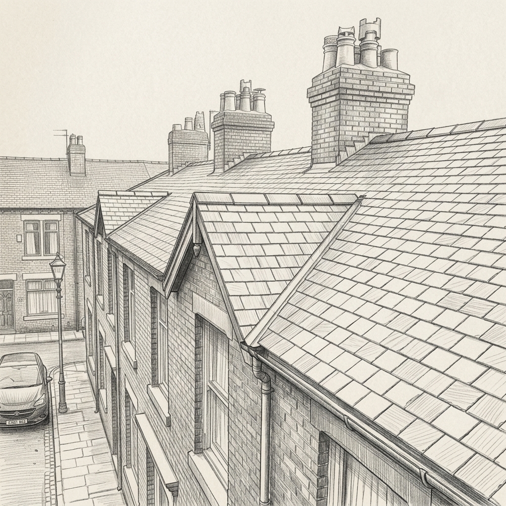 London terraced house — new roof, pencil sketch style